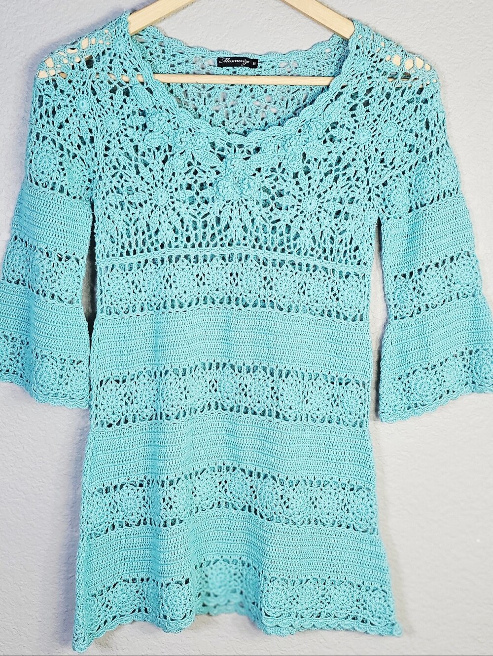 Mesmerize Aqua Crochet Lace Knit Tunic Top Medium Boho Beach Festival